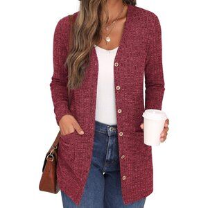 🆕Grecerelle Womens Red Open Front Button Down Short Sleeve Lightweight Sweaters